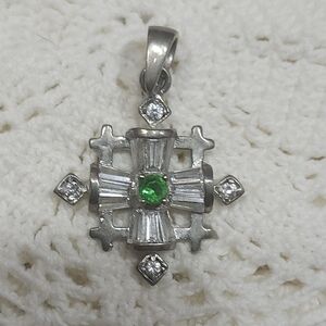 Vintage Sterling Silver Emerald & CZ Jurasalem Cross Pendant